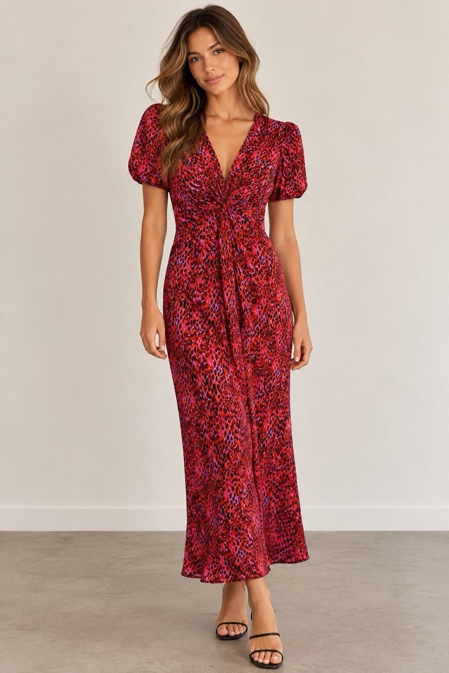 Heartloom Women’s S Maxi Dress Red Purple Animal Print Puff Sleeve NWT